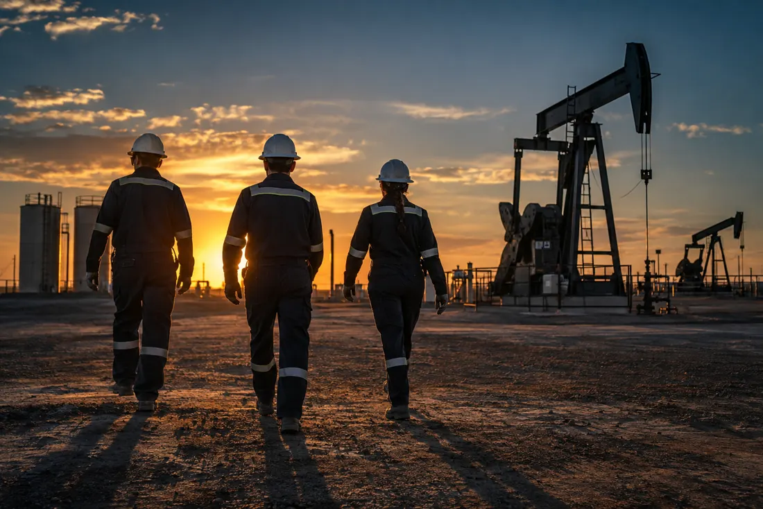 Oilfield crew walking across a well site at golden hour