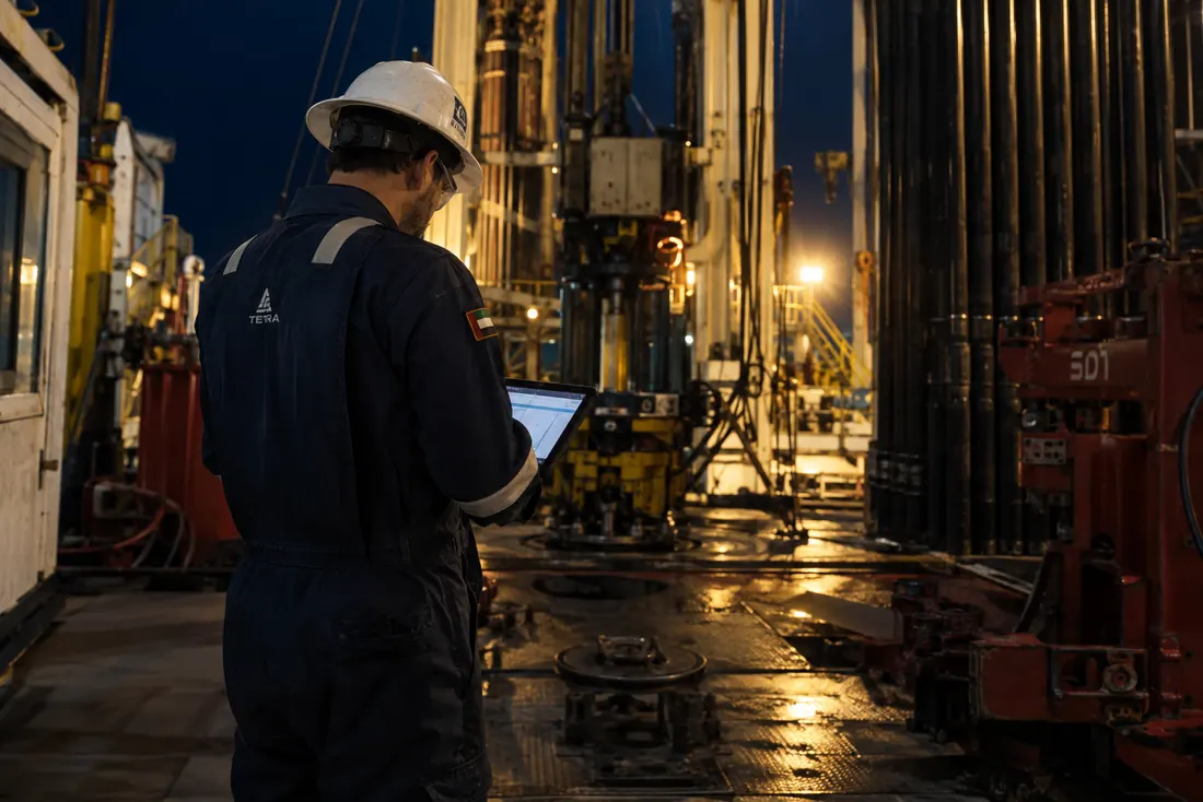 Engineer reviewing data on a rugged tablet on the rig floor at night