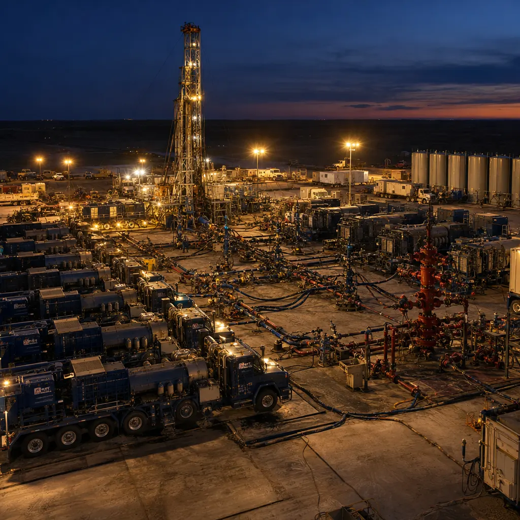 Frac pumps and manifold on a completions pad at dusk