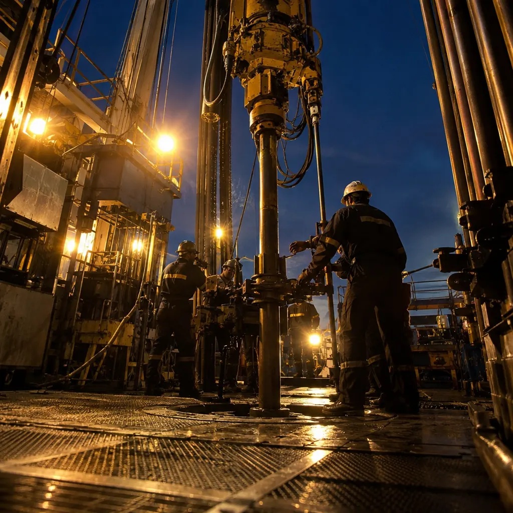 Drill pipe in the rotary table on a lit rig floor