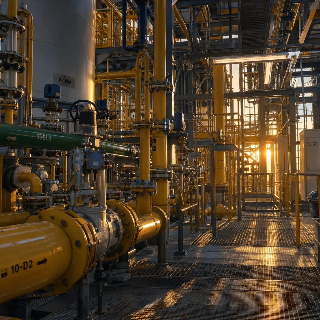Dense process piping and valves inside an oil and gas facility
