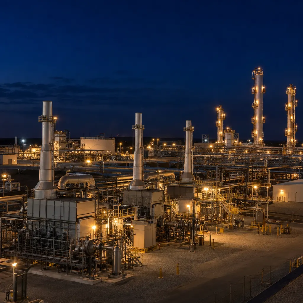 Gas compressor station lit at night