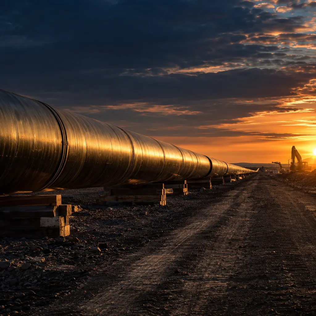 Welded pipeline sections on a right-of-way at dusk