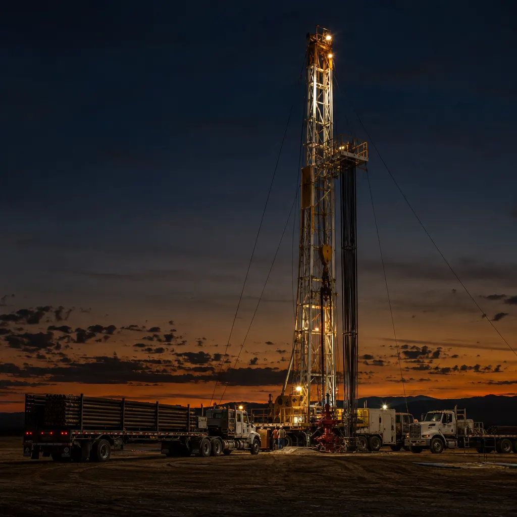 Workover rig over a wellhead at dusk